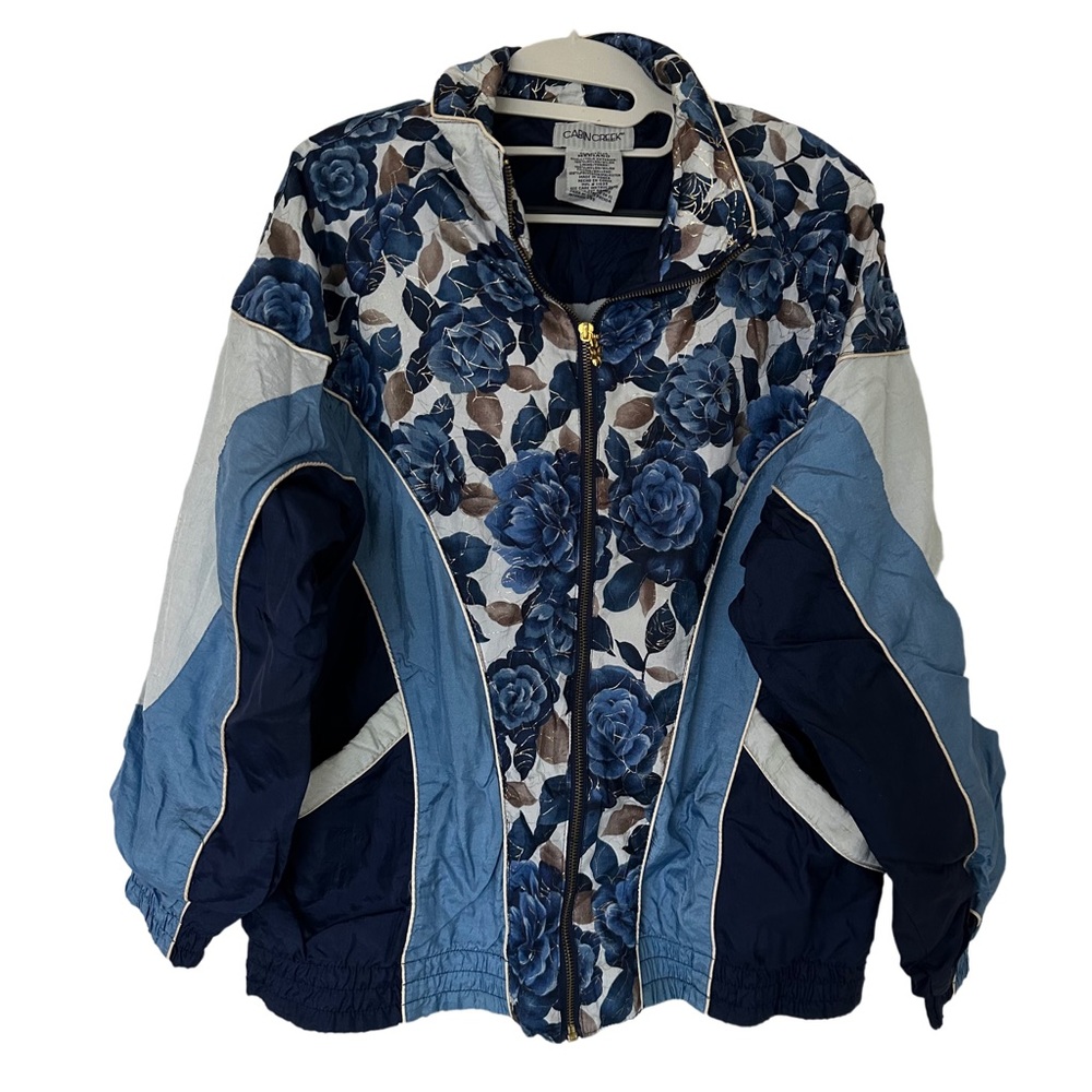 Cabin Creek Women’s Whimsygoth Windbreaker Gold Trim Blue Floral Pockets Size M